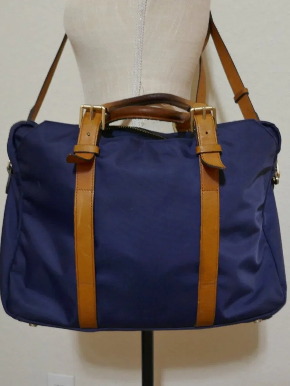 STUART O LAU The Cary Blue Nylon Briefcase Tan Leather Trim Laptop Bag